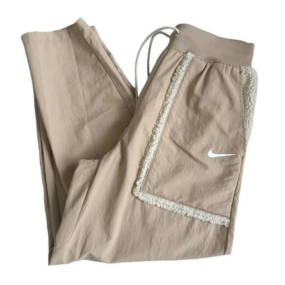 Nike Activewear Sherpa Lined Pocket Pants Womens Small Tan Drawstring Waist Casu - Picture 2 of 9